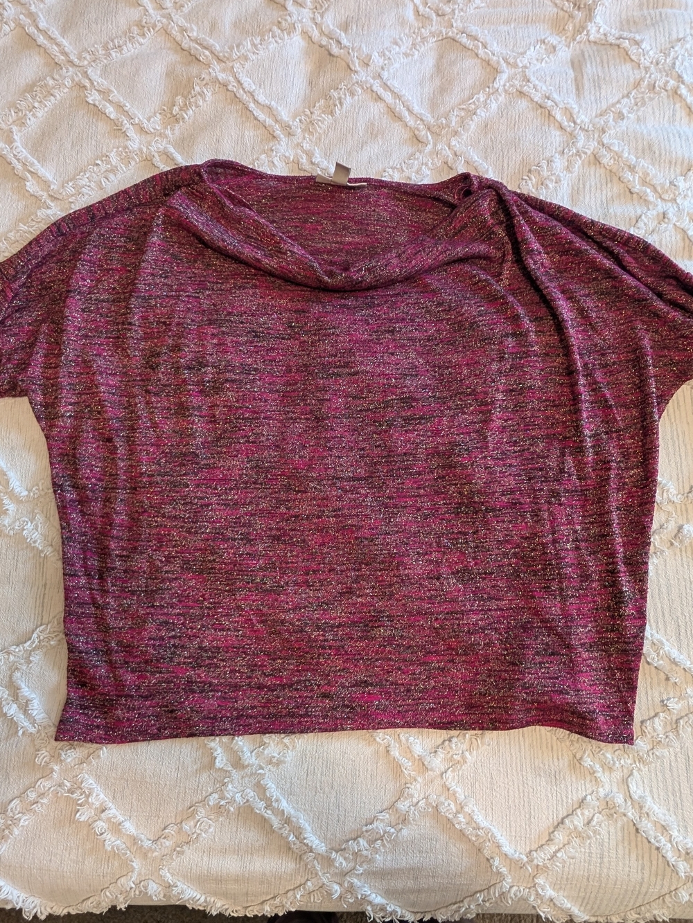 Dana Buchman 3/4 Sleeve Metallic Marled Cowl Neck Sweater - Magenta
